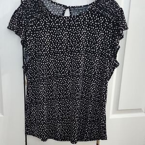 Adrianna Papell Black Blouse with White Dot Print and Flutter Sleeves